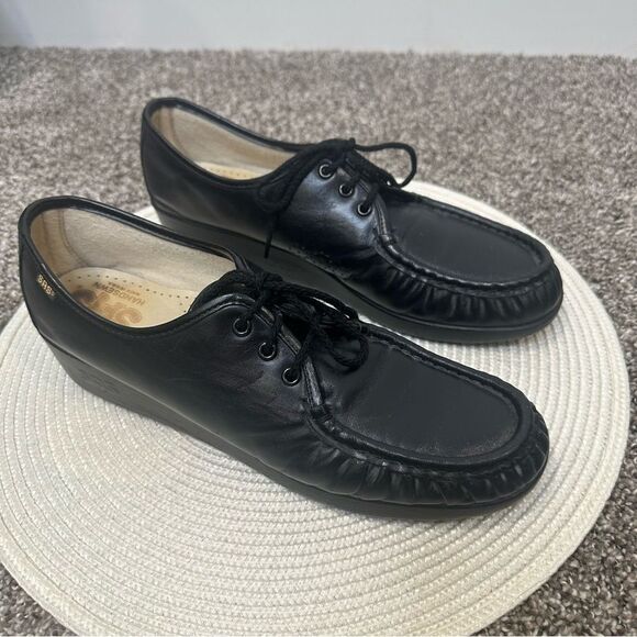 SAS Bounce Comfort Wedge Black Leather Handsewn Walking Shoes Women Sz 11M - Picture 1 of 8